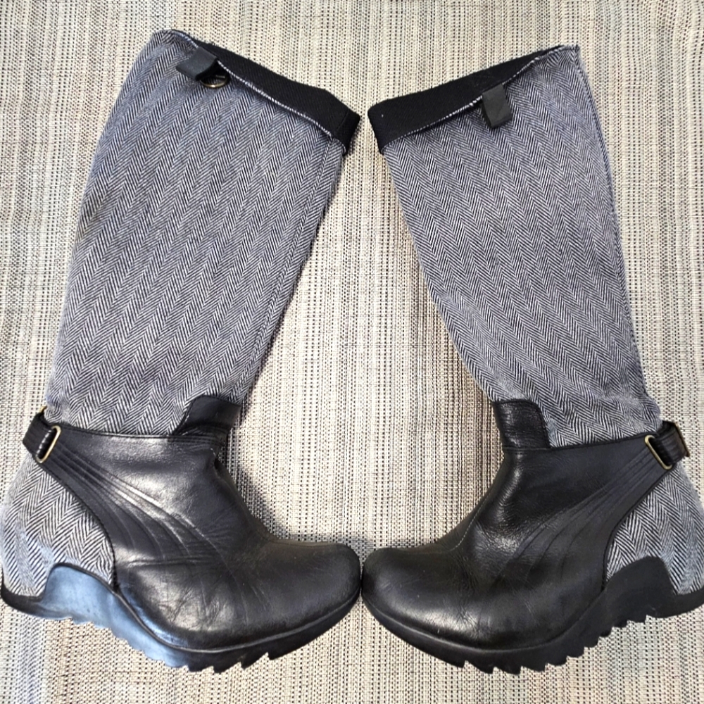 Vintage Y2K Puma Balmoral Black Leather Tweed Knee High Wedge Boots US Size 7